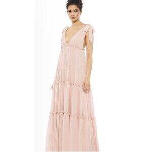 Mac Duggal Blush Tiered Chiffon Maxi Dress Halter Bow Shoulder Formal Gown Sz 8